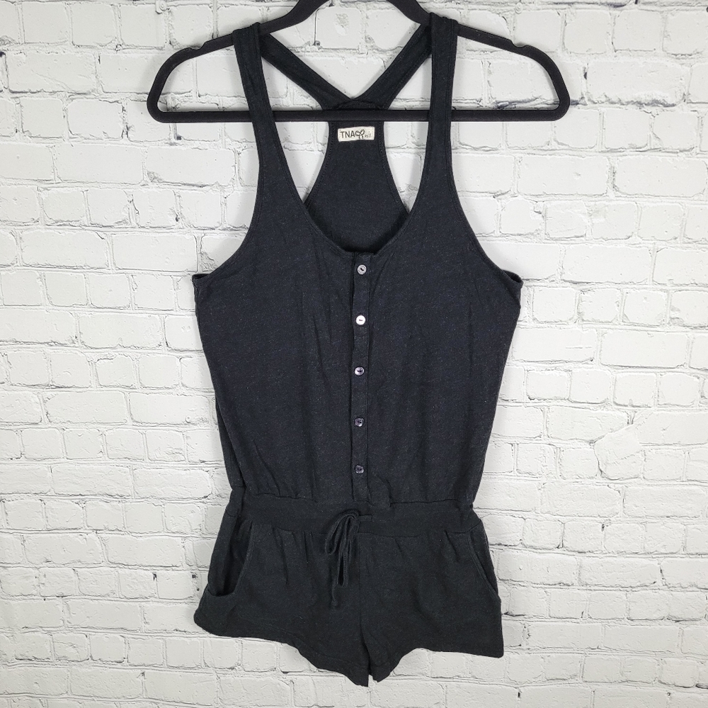 TNA | Aritzia cotton stretch button up drawstring racerback romper plays…